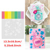 A pink and teal floral love words stencil and stamp set for DIY scrapbooking displayed on a white background.