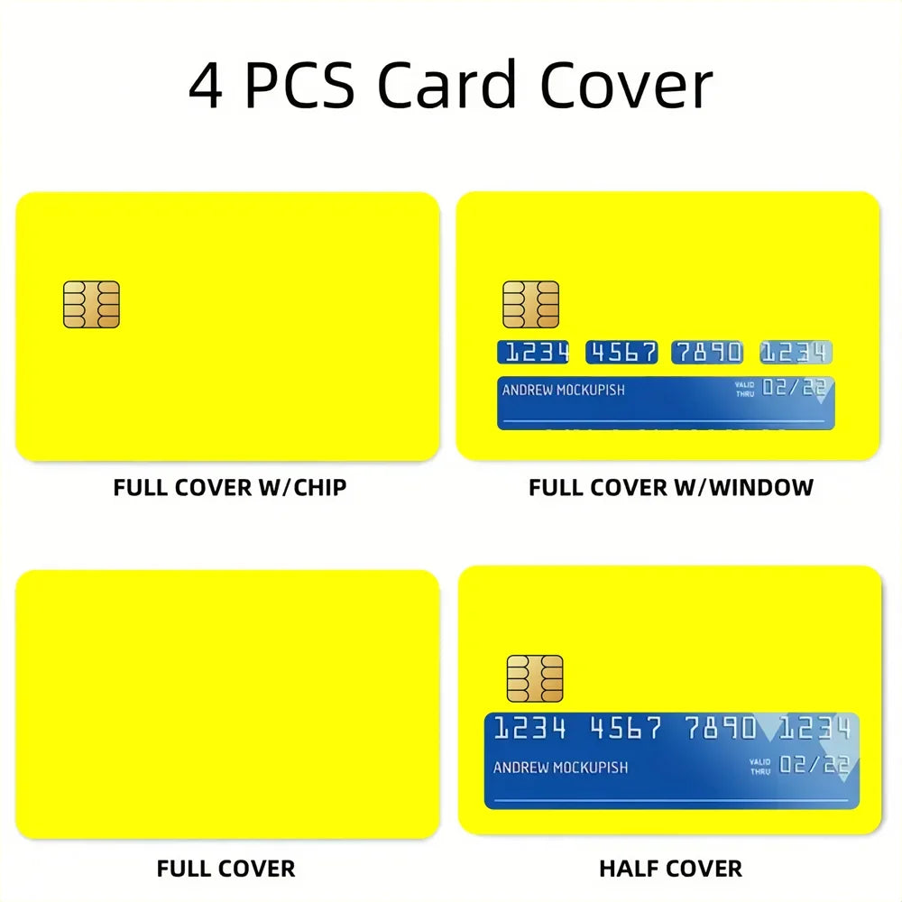 A set of four yellow PVC card covers for credit cards, including full and half covers with chip or window.