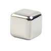 A square, polished stainless steel ice cube.