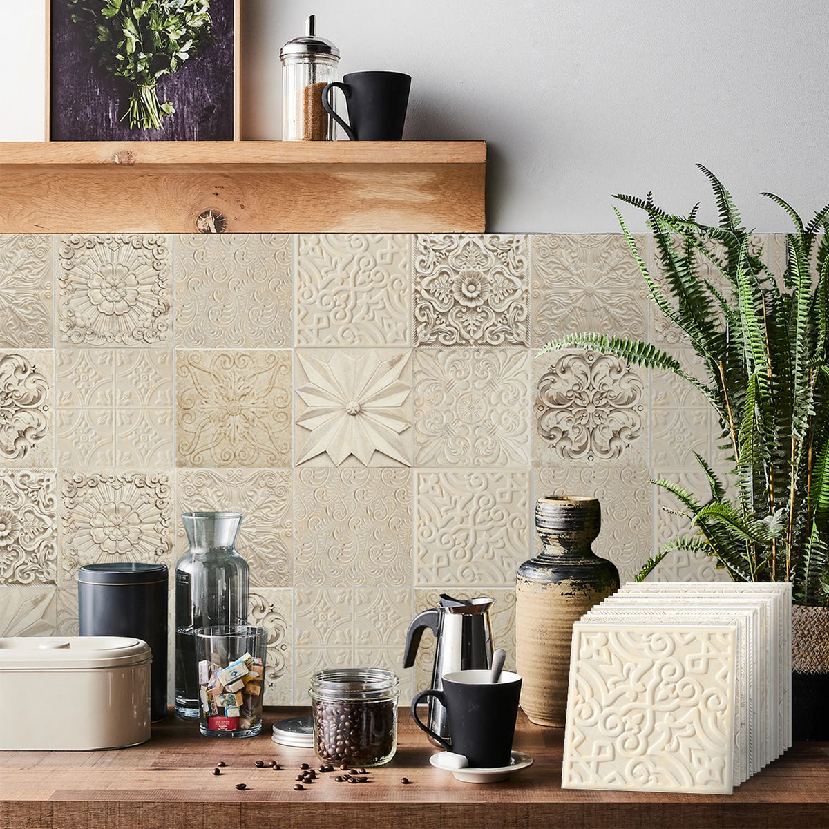 A display of self-adhesive tile wall stickers in beige and white patterns on a wooden surface.