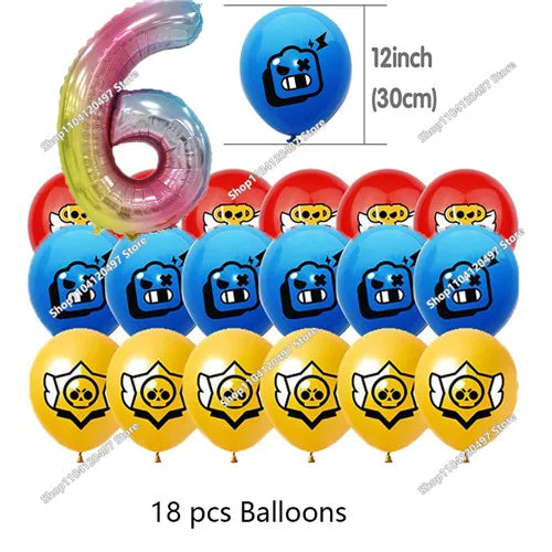 A set of 18 balloons featuring a blue and black monster design for a birthday celebration