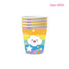 A stack of ten colorful paper cups featuring rainbow and cloud designs for party tableware.
