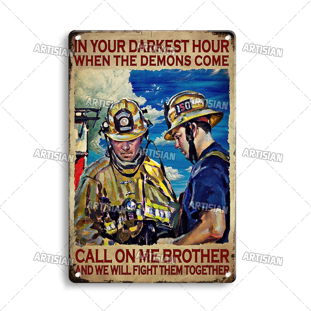 Vintage metal sign featuring two firefighters in yellow and blue uniforms against a dramatic blue sky.