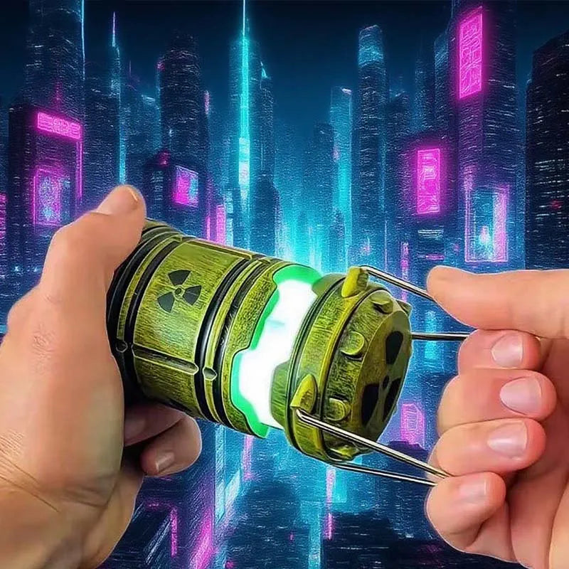 A hand holds a miniature nuclear reactor lantern with an eerie green glow against a futuristic cityscape background.