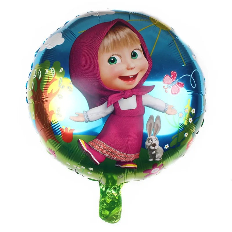 A balloon shaped like a girl wearing a pink hooded outfit with a bow and surrounded by floral elements and a rabbit.