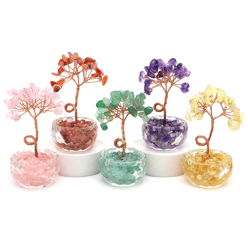A collection of crystal healing gemstone bonsai trees featuring various colored stones like rose quartz, amethyst, and citrin