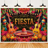 A vibrant Mexican fiesta photo backdrop featuring a guitar, sombrero, and colorful floral design.
