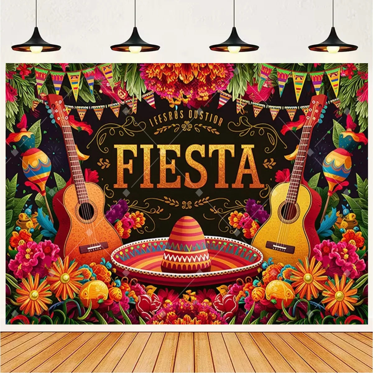 A vibrant Mexican fiesta photo backdrop featuring a guitar, sombrero, and colorful floral design.