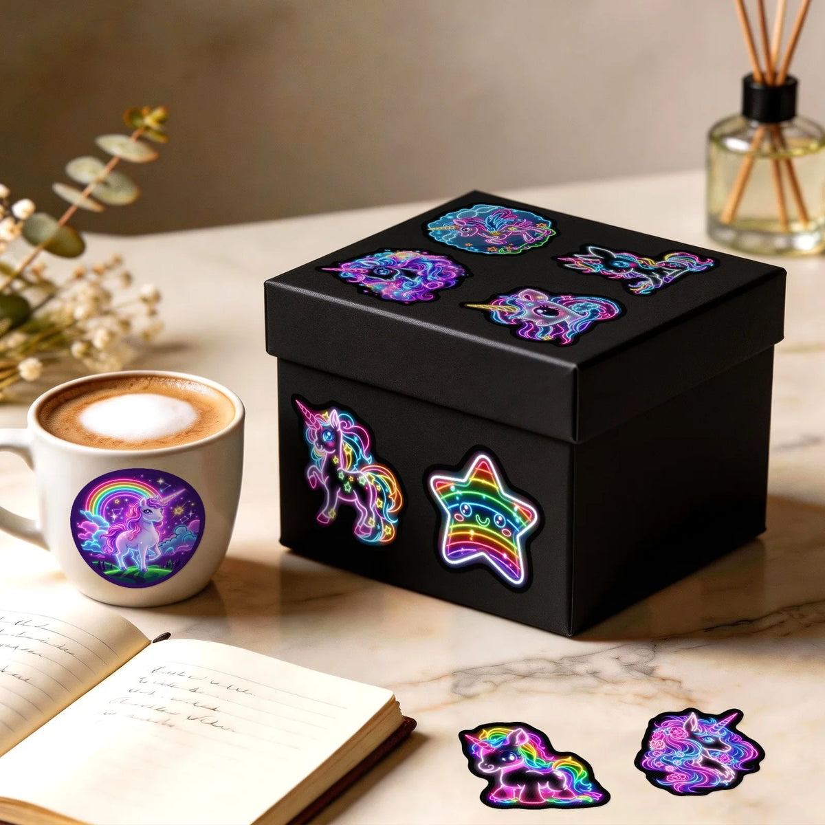 Una caja negra de calcomanías de caballo arcoíris de neón autoadhesivas junto a una taza de café y un cuaderno abierto.