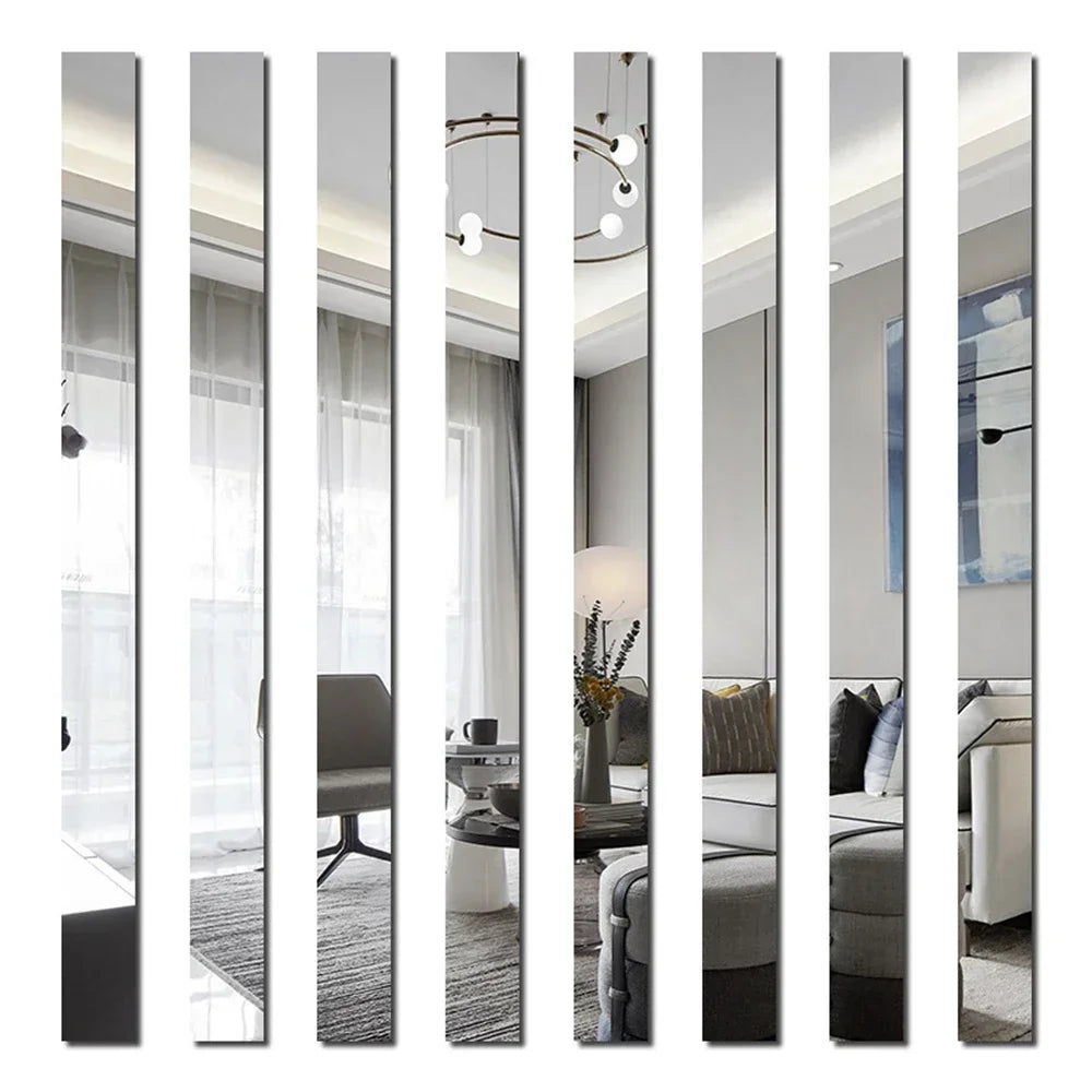 A set of vertical acrylic mirror strips used as wall stickers for modern home decor.
