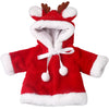 A red and white faux fur Christmas outfit set for dolls featuring deer antlers.