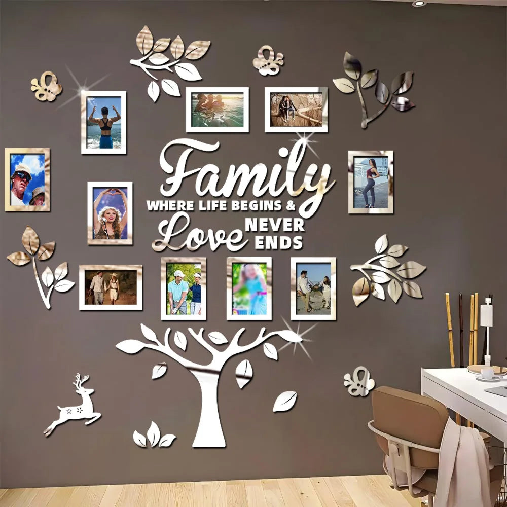 A wall collage featuring various family and love-themed silhouette stickers arranged in a tree design.
