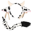 White cow print headband featuring cow ears, bells, and a ribbon bow.
