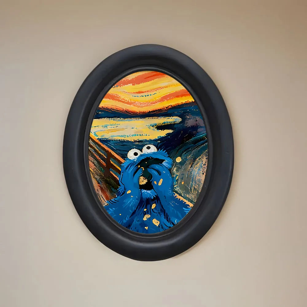 An abstract painting featuring a blue creature with wide eyes set in a dark oval wooden picture frame.