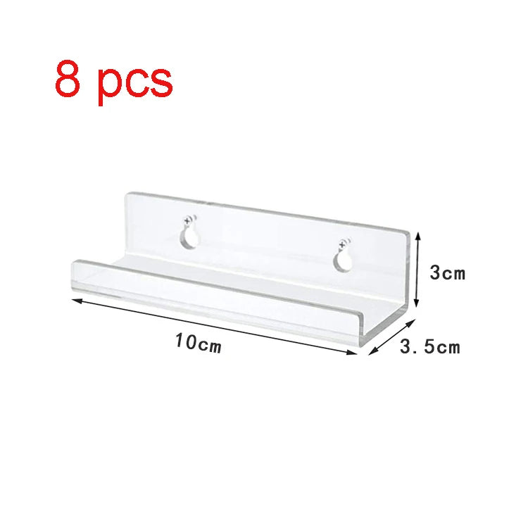 Eight clear acrylic floating record shelves with hanging hooks.