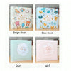 A set of three photo travel albums for babies featuring Beige Bear, Blue Duck, boy, and girl designs.