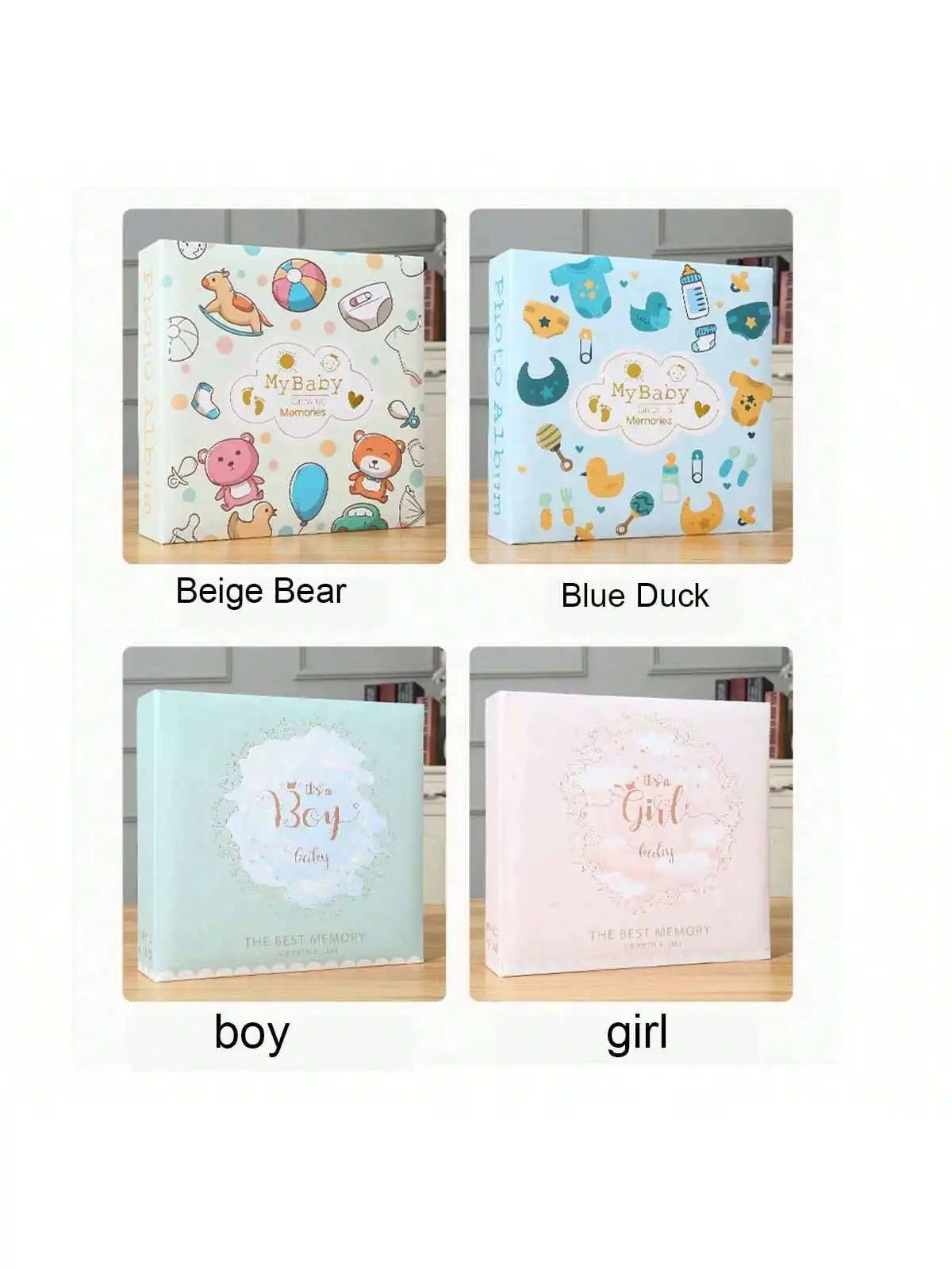 A set of three photo travel albums for babies featuring Beige Bear, Blue Duck, boy, and girl designs.