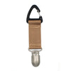A portable straw hat clip featuring a black loop and a woven tan strap attached to a metal clip.