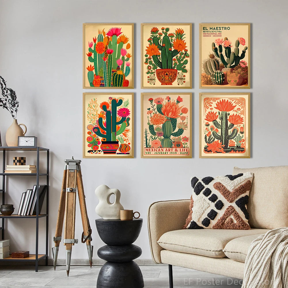A gallery wall featuring six vintage cactus floral art posters with vibrant colors and natural textures.