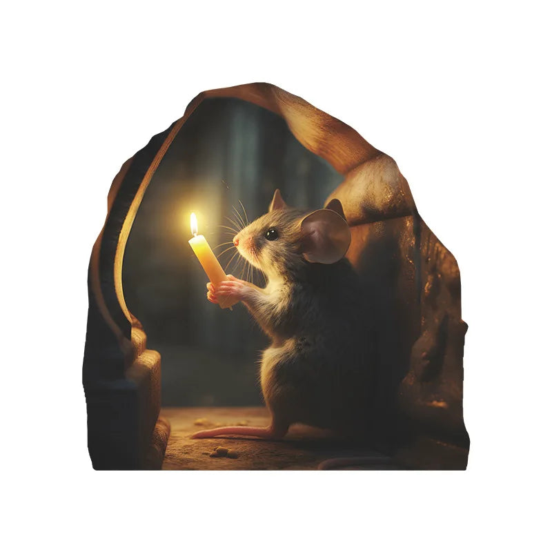 A small brown mouse holds a lit candle inside a hollowed-out log or wood carving.