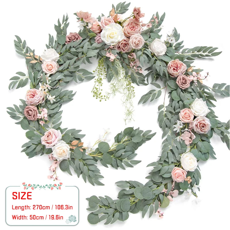 Artificial eucalyptus garland featuring pink and white roses for weddings and events