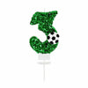 Green glitter cake topper shaped like a number 3 with a soccer ball detail