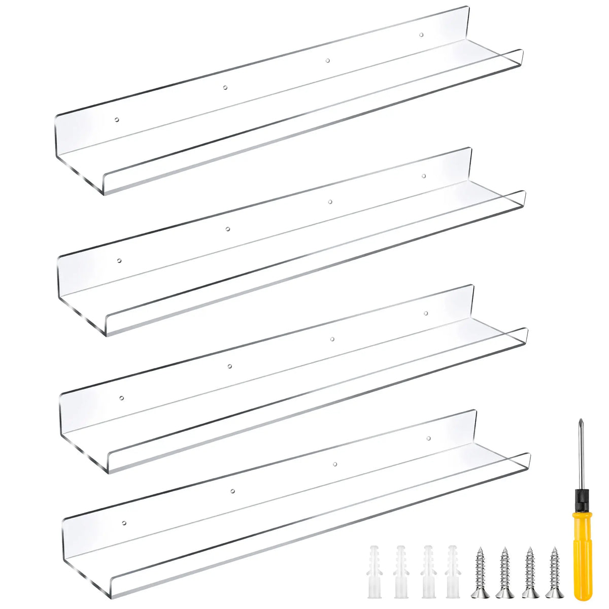 A set of five clear acrylic floating display shelves for invisible wall mounting.