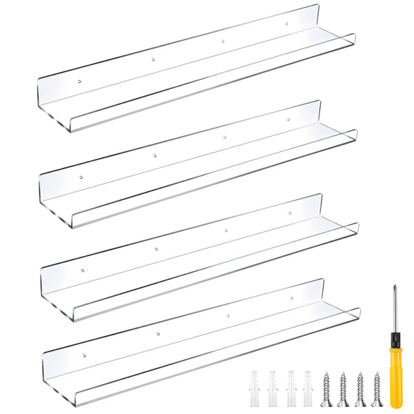 A set of five clear acrylic floating display shelves for invisible wall mounting.