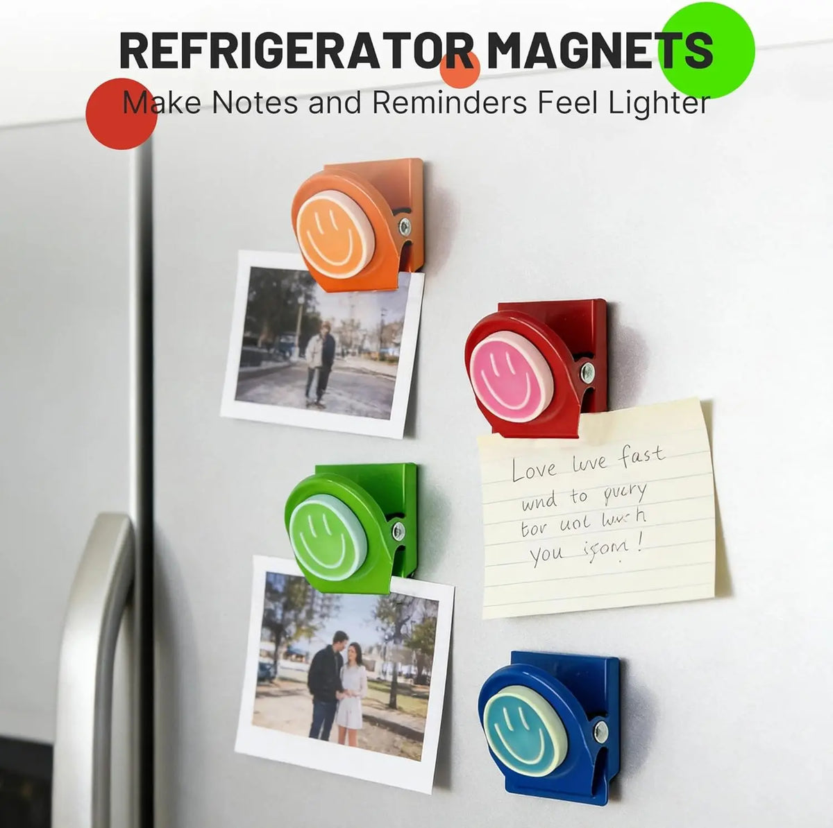 Colorful refrigerator magnets including orange, pink, and green clips used to make notes and reminders feel lighter.