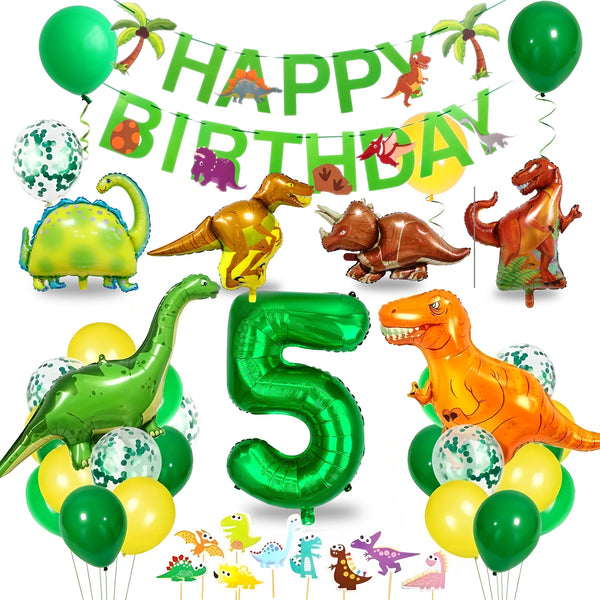 A colorful dinosaur party decoration kit featuring foil balloons, a banner, and a cake topper.