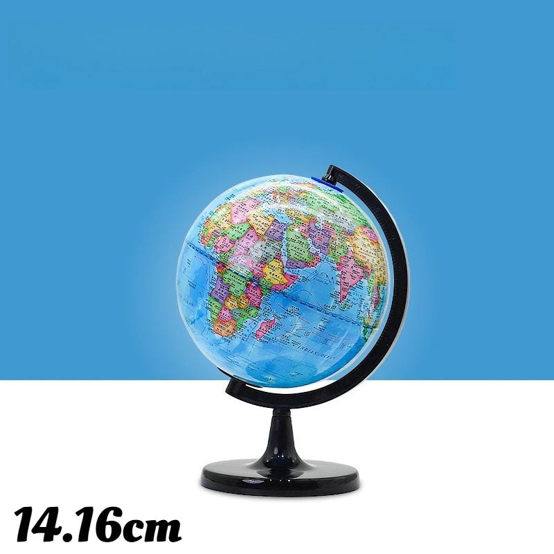 A desktop educational globe showing the world map on a blue background.