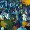 A vibrant painting depicting a crowded scene with figures in various colors and intense light.