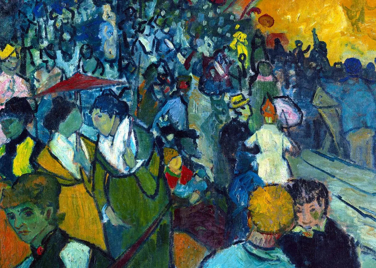 A vibrant painting depicting a crowded scene with figures in various colors and intense light.