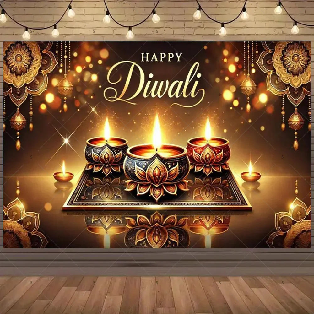 A festive backdrop featuring glowing diyas and golden decorations for a Happy Diwali celebration.