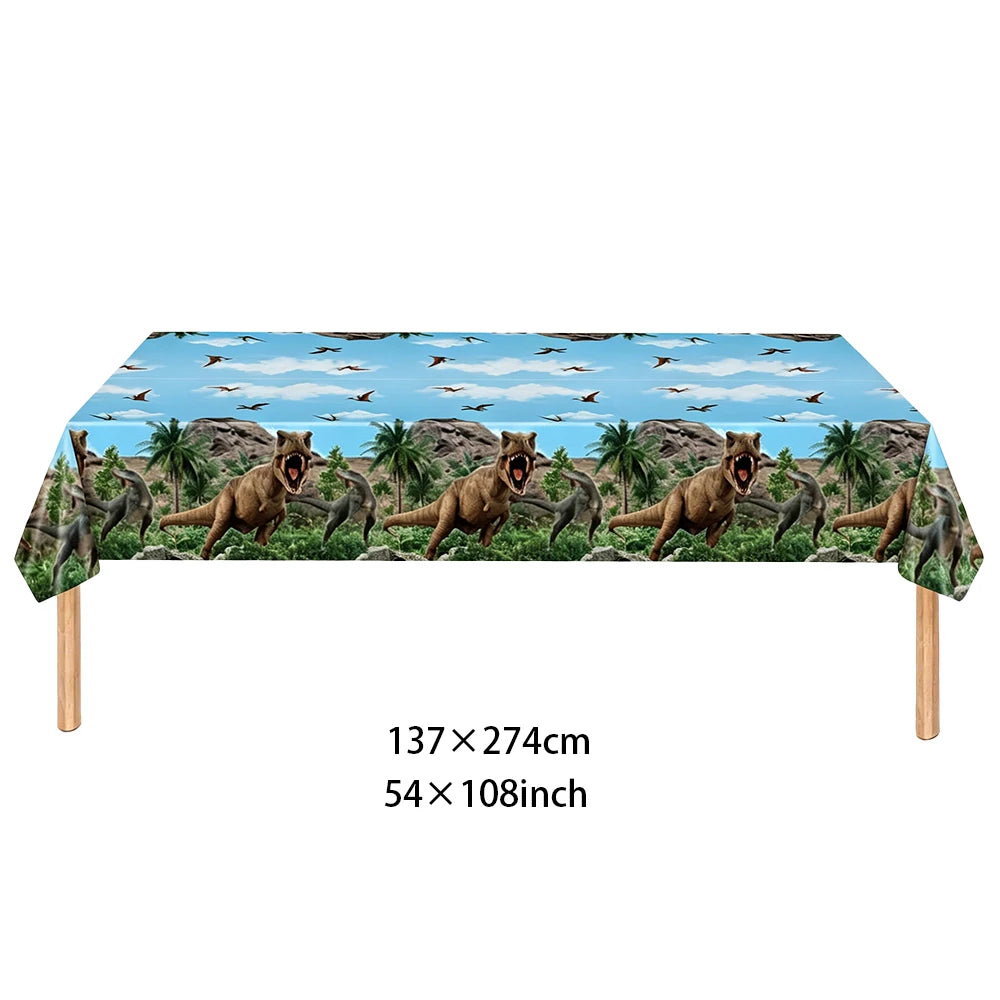 A banner featuring dinosaurs, palm trees, and a blue sky for a birthday party decoration kit.