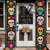 A vertical porch banner featuring a Mexican skull and floral motifs in vibrant colors.