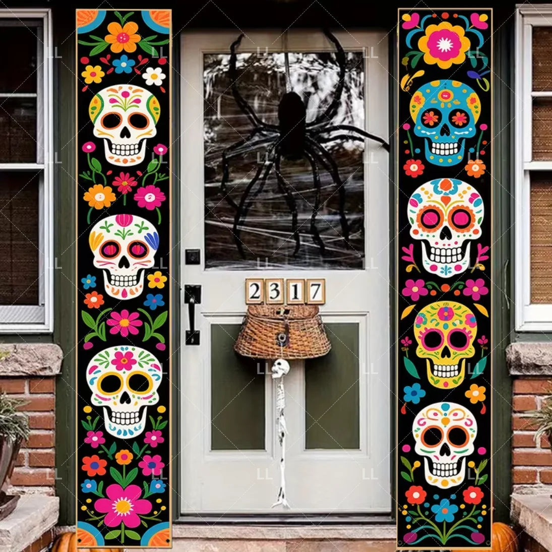 A vertical porch banner featuring a Mexican skull and floral motifs in vibrant colors.