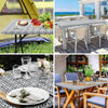 A collection of tables featuring patterned tablecloths and outdoor dining setups.