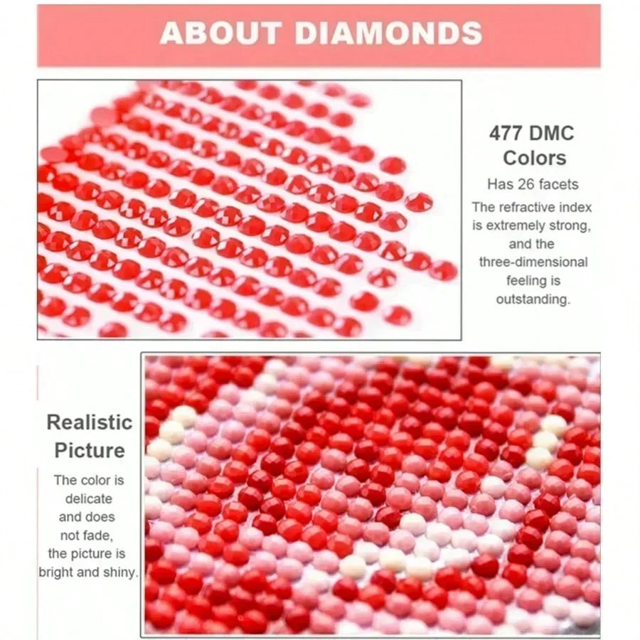 Close-up of a diamond painting featuring red and white gems arranged in a pattern.