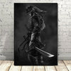 A dark, dramatic illustration of a samurai warrior in full armor and helmet holding a sword against a black background.