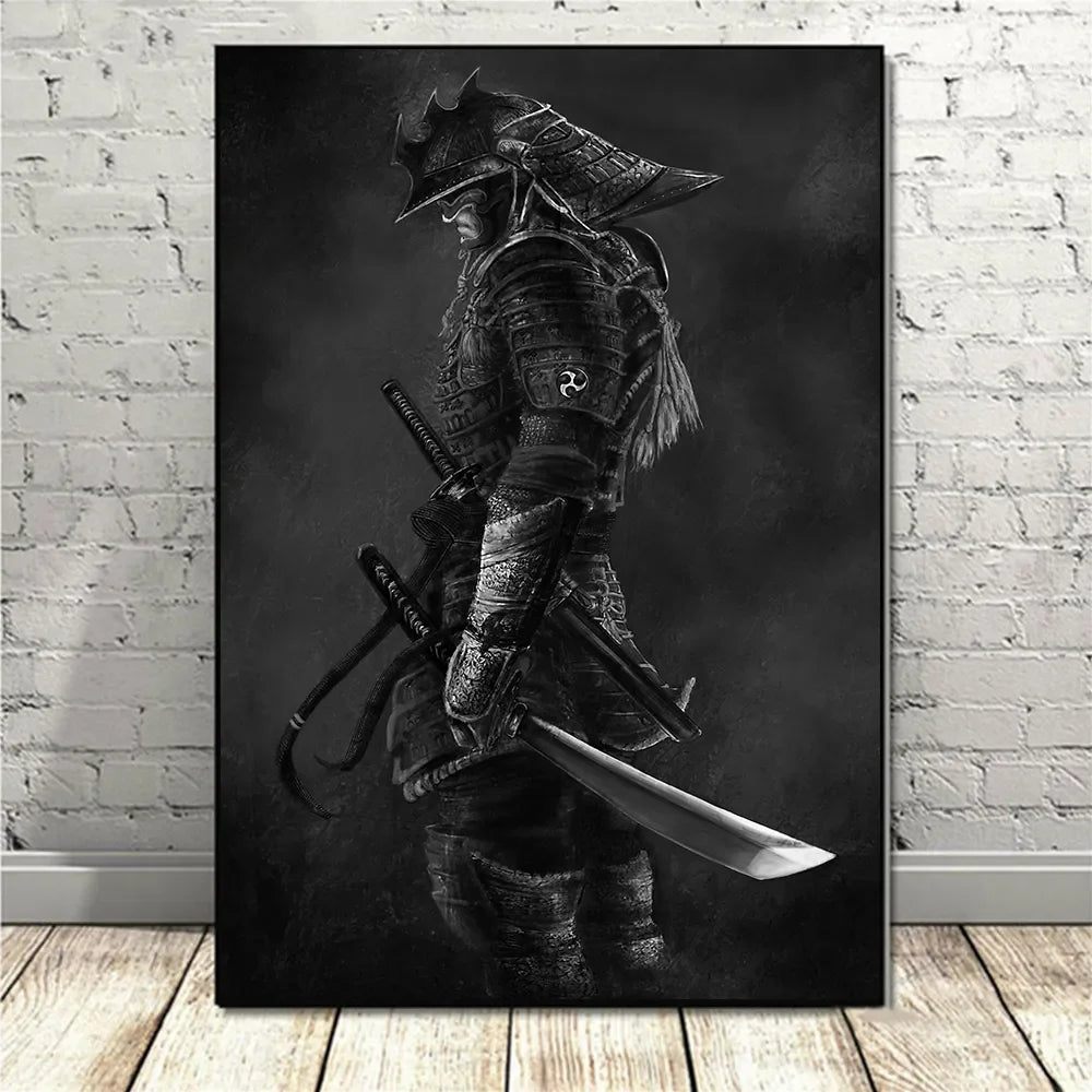 A dark, dramatic illustration of a samurai warrior in full armor and helmet holding a sword against a black background.
