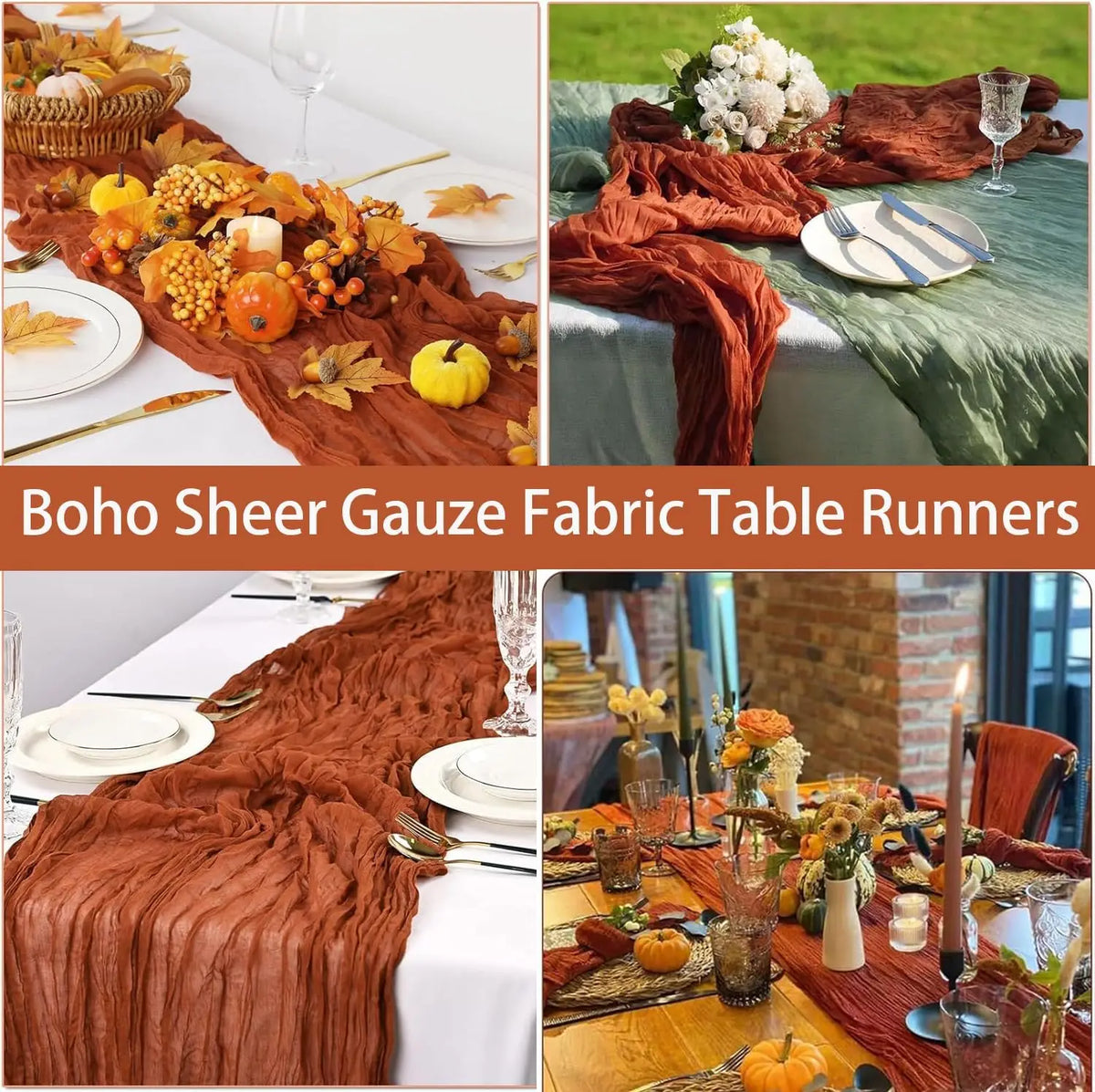 A set of terracotta semi-sheer cheesecloth fabric table runners in various shades and textures.