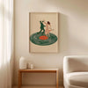 A framed canvas print depicting a couple dancing on a vinyl record, rendered in muted greens and earth tones.
