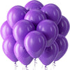 A cluster of purple latex balloons, some heart-shaped, floating against a white background.