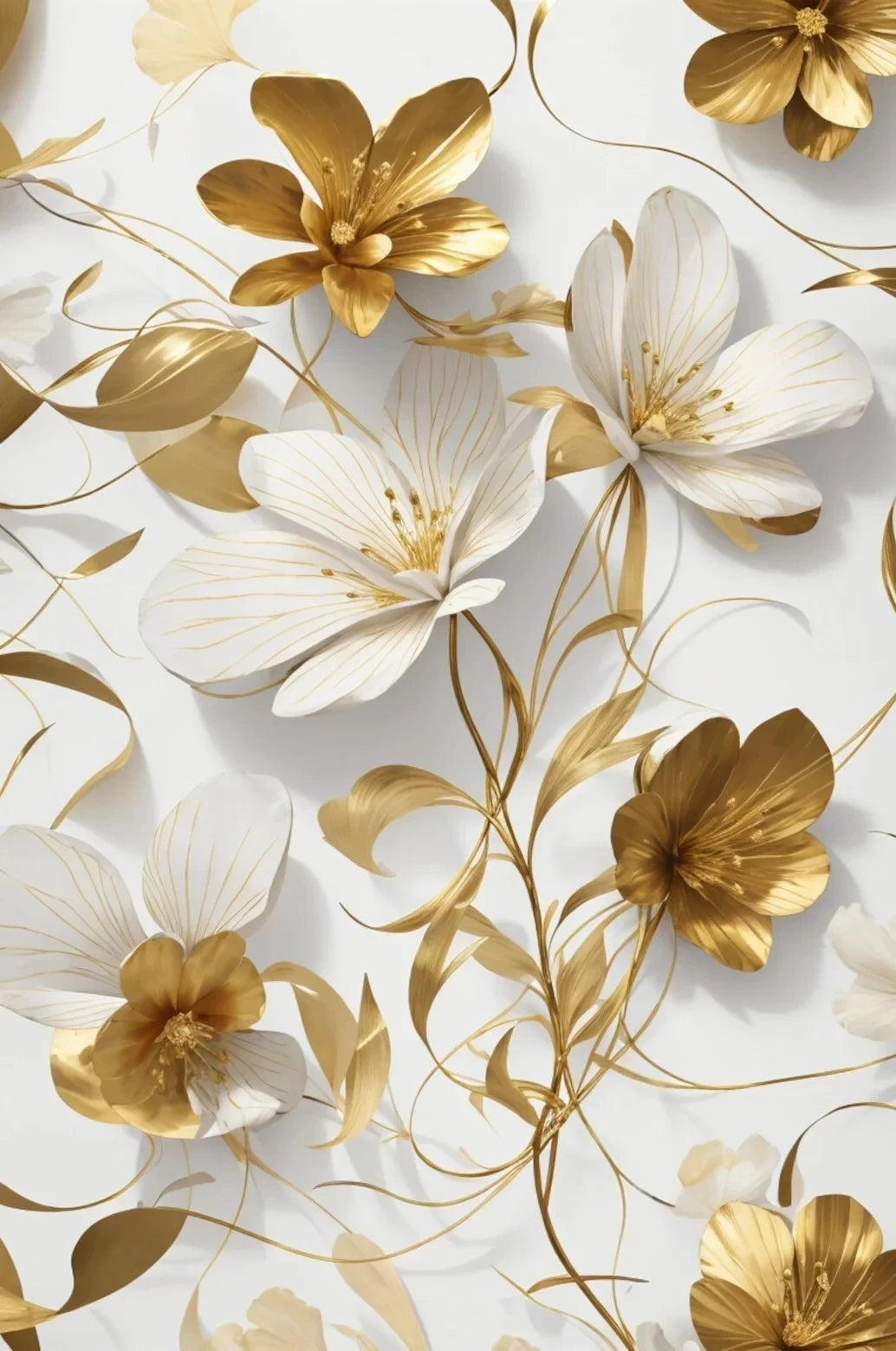Patrón de hojas florales doradas y blancas en fondo blanco para arte de pared
