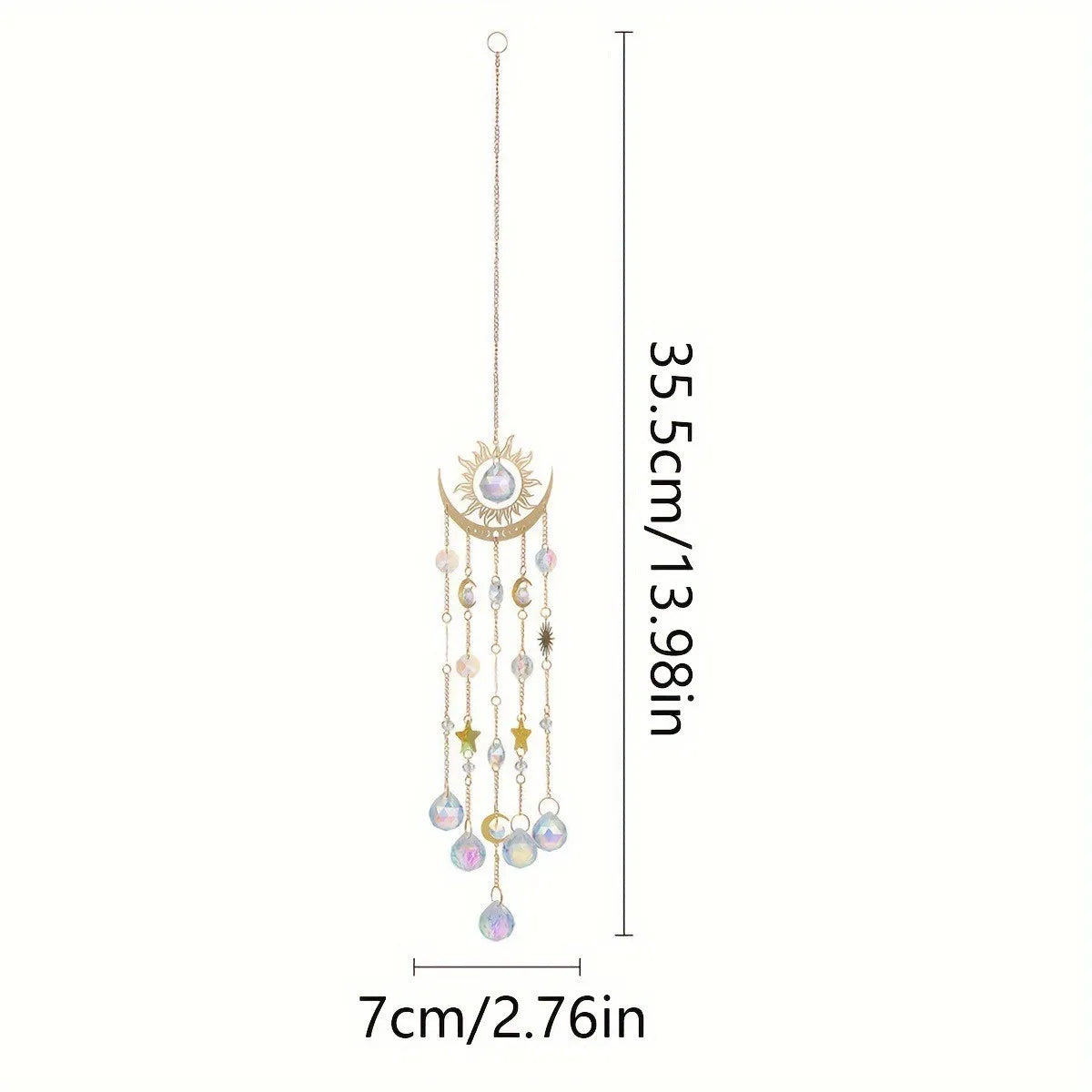 A hanging gold flame moon crystal sun catcher with multiple dangling charms.