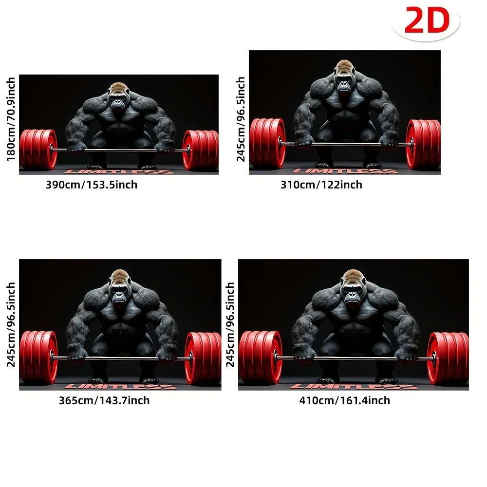 A set of weightlifting barbells and plates displayed against a black backdrop for a Gorilla Strength banner.