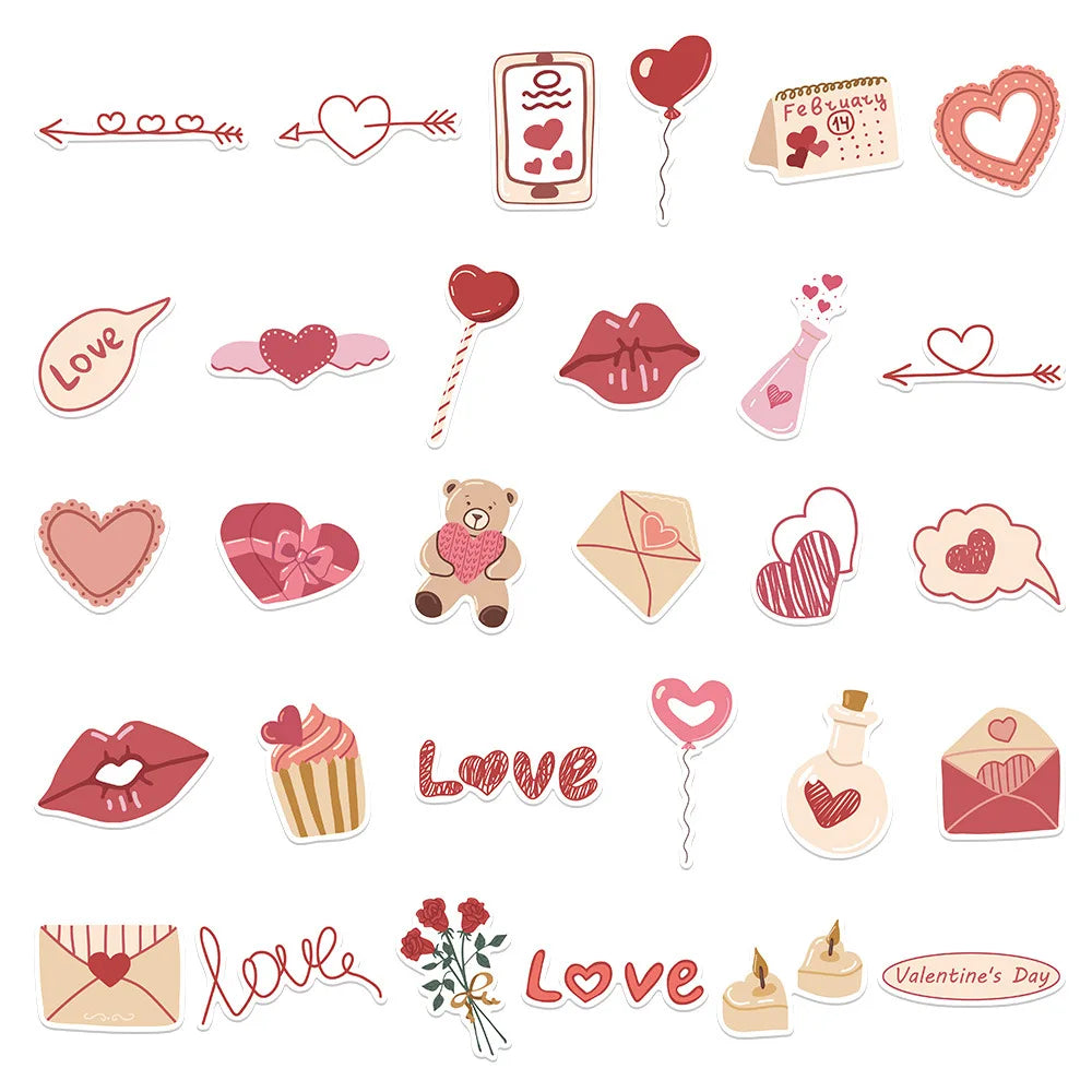 A collection of various love-themed decorative stickers including hearts, lips, and floral elements.