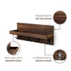 A dark brown wooden batten design shelf with four premium metal double hooks for organizing.