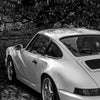 Une photo noir et blanc d'une voiture de sport argentée garée devant une végétation dense.